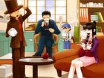  1girl 3boys ace_attorney apple ayasato_mayoi ayasoto_mayoi black_eyes black_hair brown_hair capcom child crossover cup drink drinks food fruit gyakuten_saiban hat hershel_layton japanese_clothes kimono level-5 long_hair luke_triton multiple_boys naruhodou_ryuuichi open_mouth professor_layton professor_layton_vs._gyakuten_saiban quartet short_hair smile tea teacup top_hat traditional_clothes wink 