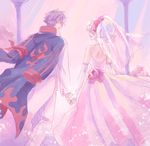  1girl coat couple dress elbow_gloves gloves hetero highres hisui_(paingumi) holding_hands husband_and_wife jewelry nia_teppelin overcoat ring simon tengen_toppa_gurren_lagann veil wedding wedding_dress 