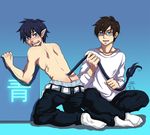  2boys ao_no_exorcist ass black_hair blue_background blue_eyes blush brother brothers butt_crack glasses incest indian_style kneeling male male_focus multiple_boys okumura_rin okumura_yukio open_mouth pointy_ears shirt siblings sitting socks tail topless twins undressing white_shirt yaoi 