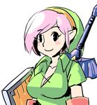  alternate_hair_color blush_stickers breasts cleavage elbow_gloves flat_color genderswap genderswap_(mtf) gloves hat link master_sword medium_breasts pink_hair shield solo sword the_legend_of_zelda the_legend_of_zelda:_a_link_to_the_past upper_body weapon 