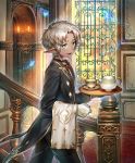  1boy bug butler butterfly cygames dark_skin elf gloves insect looking_at_viewer official_art okada_manabi pointy_ears shadowverse solo stairs tray vist_(shadowverse) walking white_gloves white_hair window 