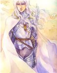  armor artist_request berserk cape griffith long_hair male_focus signature solo traditional_media watercolor_(medium) white_hair 