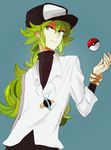  blue_background green_eyes green_hair hat jewelry kite-mitiko long_hair looking_at_viewer male male_focus n_(pokemon) necklace poke_ball pokeball pokemon simple_background smile smirk solo 