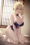 absurdres ahoge artoria_pendragon_(all) artoria_pendragon_(swimsuit_rider_alter) backlighting bangs bed between_legs blonde_hair blue_swimsuit braid breasts choker cleavage closed_mouth commentary_request dutch_angle eyebrows_visible_through_hair fate/grand_order fate/stay_night fate_(series) french_braid full_body hair_bun hand_between_legs highres kneeling large_breasts nodoco pillow saber saber_alter shiny shiny_skin sidelocks signature sliding_doors swimsuit yellow_eyes 