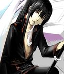  1boy abs black_hair black_jacket d.gray-man gloves jacket kanda_yuu long_hair looking_at_viewer male male_focus open_clothes open_shirt purple_eyes shirt sitting solo sword uniform weapon white_gloves 