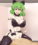  1girl animal_ears bare_shoulders blush bra breasts cat_ears censored cleavage cum cum_in_pussy cum_inside curvy ejaculation garter_belt garter_straps girl_on_top green_hair highres huge_breasts kazami_yuuka large_breasts legs long_hair looking_down lying midriff navel off_shoulder open_mouth ourakutei penis pussy red_eyes sex short_hair sitting sitting_on_person thighhighs thighs touhou underwear vaginal youkai 