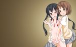  black_hair blush breasts brown_eyes brown_hair hirasawa_yui k-on! long_hair nakano_azusa nipples no_bra open_shirt panties sasa shouji_ayumu skirt underwear 