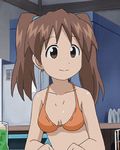  animated animated_gif bikini breasts brown_eyes brown_hair cleavage drink gif lowres mochizuki_tomomi restaurant shinryaku!_ikamusume smile swimsuit twintails 