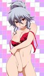  :p alternate_hairstyle bottomless bra breasts cleavage covering covering_crotch grey_hair hair_up hayashi_custom izayoi_sakuya large_breasts lingerie naughty_face navel off_shoulder ponytail red_eyes smile solo strap_slip tongue tongue_out touhou underwear unfastened 