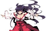  bad_id bad_pixiv_id black_hair breasts cleavage japanese_clothes jitome large_breasts long_hair miko oekaki off_shoulder original red_eyes simple_background solo tou1go 