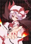  ascot bat_wings belt blue_hair chain dress foreshortening grin hat highres nail_polish outstretched_hand pink_dress red_eyes remilia_scarlet sacha sharp_teeth smile solo teeth touhou wings 