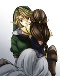  1girl blonde_hair blue_eyes brown_hair earrings hat hug jewelry link long_hair pointy_ears princess_zelda suzuno_(kazahanasu) the_legend_of_zelda the_legend_of_zelda:_twilight_princess 