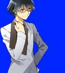  bad_id bad_pixiv_id black_hair blue_background brown_hair cosplay durarara!! glasses hand_on_hip jude_mathis kazu_sanbon kishitani_shinra kishitani_shinra_(cosplay) labcoat male_focus solo tales_of_(series) tales_of_xillia 