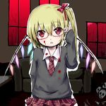  adjusting_eyewear alternate_costume bad_id bad_pixiv_id bespectacled blonde_hair blood blood_on_face fang flandre_scarlet glasses hair_ribbon red-framed_eyewear red_eyes ribbon school_uniform side_ponytail solo touhou tsukumizu_yuu wings 