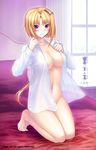  barefoot bed bed_sheet blonde_hair blush breasts curtains dress_shirt ellen_aice feet hair_ornament hairclip himukai_kyousuke kneeling lamp large_breasts legs long_hair muvluv muvluv_alternative muvluv_alternative_chronicles_02 naked_shirt navel no_panties official_art open_clothes open_shirt pillow purple_eyes see-through shirt smile solo thighs toes window 