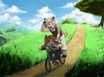  blue_eyes brown_eyes canine clothing cloud clouds grass kogawa_kenji mammal one_eye_closed outside pants riding sandals shirt tank_top tree wood young 