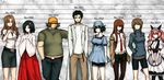  5girls akiha_rumiho amane_suzuha hand_on_shoulder hands_in_pockets hashida_itaru highres kiryuu_moeka lineup makise_kurisu multiple_boys multiple_girls okabe_rintarou pantyhose shiina_mayuri steins;gate suzuki_(pixiv1277943) urushibara_ruka 