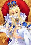  absurdres blonde_hair bow cape carnelian crossed_legs crown gloves highres jewelry lace lace-trimmed_thighhighs legs long_hair looking_at_viewer naked_cape navel no_panties original queen royal_robe scepter sitting sitting_on_object solo thighhighs thighs throne white_legwear yellow_eyes 