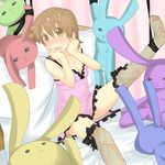  aioi_yuuko blush breasts brown_eyes brown_hair chemise cleavage fishnet_legwear fishnets hands_on_own_face highres hisa_tsuki kneehighs leg_up medium_breasts nichijou open_mouth ribbon solo stuffed_animal stuffed_bunny stuffed_toy thighhighs 