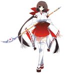  :o brown_hair highres japanese_clothes kumon_waka legs long_hair looking_at_viewer miko naginata open_mouth phantom_breaker polearm sandals simple_background solo spear standing suzuhira_hiro thighhighs thighs very_long_hair weapon white_legwear 