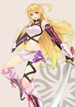  :d ahoge blonde_hair boots choker cross-laced_footwear elbow_gloves foreshortening gloves groin knee_boots left-handed long_hair microskirt midriff milla_maxwell navel open_mouth prime purple_eyes red_eyes sheath shirt side_slit simple_background skirt smile solo strapless sword tales_of_(series) tales_of_xillia taut_clothes taut_shirt tubetop weapon white_skirt 