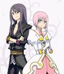  1girl black_eyes black_hair bracelet crossed_arms estellise_sidos_heurassein gloves green_eyes hana_azuki jewelry long_hair pink_hair smile tales_of_(series) tales_of_vesperia yuri_lowell 