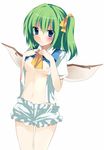  bad_id bad_pixiv_id blue_eyes breasts daiyousei fujishiro_emyu green_hair hair_ribbon nipples open_clothes open_shirt ribbon shirt side_ponytail simple_background small_breasts solo touhou wings 
