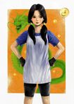  bike_shorts black_hair brown_eyes dragon dragon_ball dragon_ball_(object) dragon_ball_z eastern_dragon fingerless_gloves gloves hair_ornament hands_on_hips shirt short_sleeves solo t-shirt twintails videl zenox 