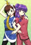  brown_eyes brown_hair chinese_clothes double_bun japanese_clothes kanzakin kuonji_ukyou locked_arms multiple_girls oversized_object purple_hair ranma_1/2 red_eyes shampoo_(ranma_1/2) spatula 