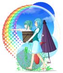  bad_id bad_pixiv_id blue_eyes blue_hair bucket carrying dress geta green_hair hair_bobbles hair_ornament in_bucket in_container karakasa_obake kisume kitano_(kitanosnowwhite) long_sleeves multiple_girls oriental_umbrella pointing profile purple_umbrella rainbow red_eyes tatara_kogasa tongue tongue_out touhou umbrella vest walking 