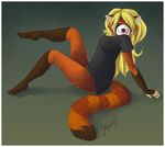  black_nose blonde_hair bottomless breasts clothed clothing electropanda female hair half-dressed legs_up long_hair looking_at_viewer mammal omi pinup pose red_panda shirt simple_background sitting solo theowlette tongue tongue_out 