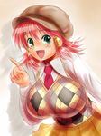  argyle argyle_sweater_vest beret breasts green_eyes hair_tubes hat highres huge_breasts moriichi open_mouth quiz_magic_academy red_hair ruquia short_hair solo sweater_vest 