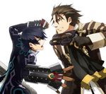  alvin_(tales) battle black_gloves black_hair brown_eyes brown_hair clenched_hand clenched_teeth coat cravat duel gauntlets gloves gun jude_mathis kiyori_(k-kyr) male_focus multiple_boys open_mouth spoilers tales_of_(series) tales_of_xillia teeth weapon white_background 