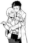  1girl blush couple greyscale hands hetero hug hug_from_behind labcoat legwear_under_shorts makise_kurisu misti monochrome necktie okabe_rintarou outstretched_hand pantyhose shorts simple_background steins;gate vest wavy_mouth white_background 