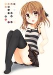  :d bad_id bad_pixiv_id bare_shoulders black_legwear black_skirt blush brown_eyes brown_hair character_name highres kaguyuu legs miniskirt no_shoes open_mouth original pleated_skirt shirt sitting skirt smile solo strap_slip striped striped_shirt striped_skirt suwadai_hoshine thighhighs 