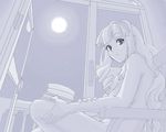  aouma bangs blue blunt_bangs drawr face full_moon idolmaster idolmaster_(classic) long_hair looking_at_viewer looking_back monochrome moon moonlight nude shijou_takane sitting solo wavy_hair 