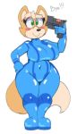  2018 4_fingers acstlu anthro big_breasts blush breasts canine clothing crossgender dipstick_tail english_text eyelashes fox fox_mccloud front_view green_eyes gun hand_on_hip huge_breasts imminent_suicide low_res mammal metroid multicolored_tail navel nintendo ranged_weapon reaction_image simple_background skinsuit smile solo star_fox text tight_clothing video_games voluptuous weapon white_background wide_hips 