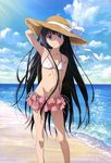  absurdres beach bikini bikini_skirt black_hair cloud day flat_chest hand_on_headwear hat highres hiyamizu_yukie kami-sama_no_memo-chou legs light_rays long_hair long_legs navel non-web_source nyantype ocean official_art outdoors scan shionji_yuuko sky solo sun_hat sunbeam sunlight swimsuit very_long_hair water 