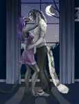  clothed clothing couple curtains dress electropanda eyes_closed feline female hair half-dressed holding leopard love male mammal markings moon night photo purple_hair romantic snow_leopard standing tail theowlette topless window 