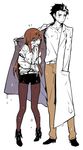  1girl angry blush brown_hair couple height_difference hetero labcoat legwear_under_shorts looking_away makise_kurisu misti okabe_rintarou pantyhose purple_eyes shorts simple_background standing steins;gate wet wet_clothes white_background wringing_clothes 