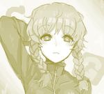  :3 amane_suzuha aouma braid drawr face hair_over_shoulder hand_behind_head looking_at_viewer monochrome ringed_eyes short_hair solo steins;gate twin_braids twintails yellow zipper 