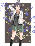  ahoge black_hair boots hand_behind_head hand_in_pocket highres hood hoodie idolmaster idolmaster_(classic) jewelry kikuchi_makoto necklace short_hair shorts smile solo star yusukesan 