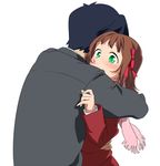  1girl amami_haruka brown_hair green_eyes hug idolmaster idolmaster_(classic) producer_(idolmaster_anime) scarf short_hair surprised takeya_yuuki 