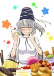  ^_^ blush cake checkerboard_cookie closed_eyes cookie cream_puff cupcake eating food food_on_face fruit grey_hair hat jam_cookie japanese_clothes mononobe_no_futo pastry ponytail pudding shortcake simple_background slice_of_cake solo star strawberry tate_eboshi touhou white_background zetsumame 