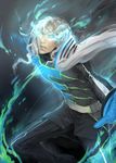  blue_eyes blue_fire cape email555 fire gloves glowing glowing_eyes highres long_hair lunatic_(tiger_&amp;_bunny) male_focus realistic silver_hair solo superhero tiger_&amp;_bunny white_hair yuri_petrov 