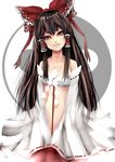  bad_id bad_pixiv_id bow bra brown_hair detached_sleeves gohei grey_eyes hair_bow hair_tubes hakurei_reimu head_tilt lingerie long_hair midriff no_shirt skirt smirk solo touhou underwear white_bra yin_yang yukinojou_yakan 