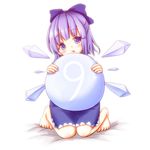  1girl ball barefoot bita blue_dress blue_eyes blue_hair bow cirno dress full_body hair_bow head_tilt holding ice kneeling medium_dress short_hair simple_background solo touhou wings 