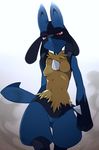  agemono breasts female lucario pok&eacute;mon red_eyes simple_background solo walking 