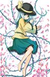  barefoot blue_door blush feet flower frilled_skirt frills green_eyes green_hair green_skirt hat komeiji_koishi legs long_hair lying medium_skirt petals plant rose silver_hair skirt smile solo sun_hat touhou vines 