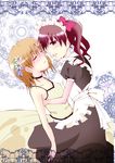  alternate_costume amami_reiko bow brown_eyes brown_hair choker closed_eyes dress enmaided flower hair_bow hair_flower hair_ornament hug long_hair maid maid_headdress misaka_mikoto multiple_girls shirai_kuroko short_hair to_aru_kagaku_no_railgun to_aru_majutsu_no_index twintails yuri 